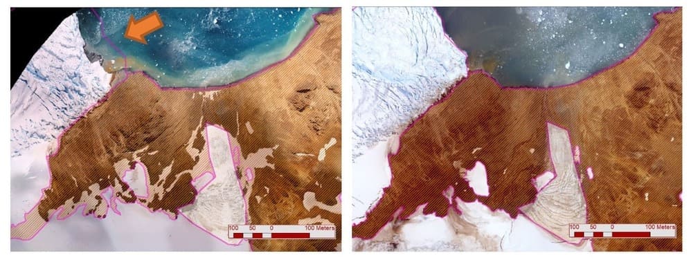 Fig. 8: Raffronti tra le situazioni 2019 (sinistra) e 2020 (destra) per una zona rappresentata in Fig. 7 - monitoraggio ghiacciaio znosko