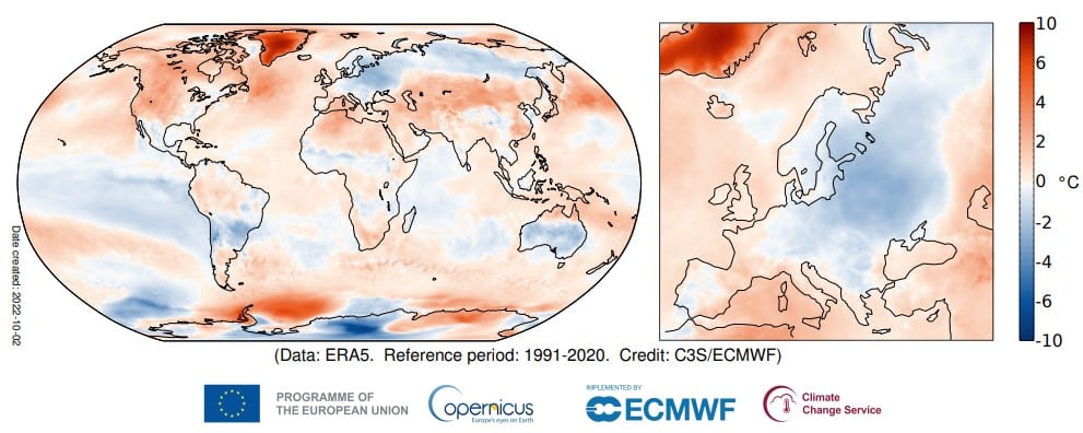 Bollettino Climatico copernicus Anomalia della temperatura dell'aria superficiale per settembre 2022