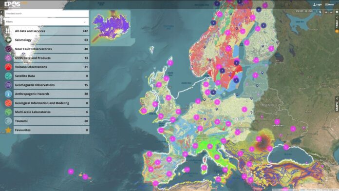 Una mappa dell'Europa con molte località diverse disponibili per l'analisi dei dati aperti nel campo delle scienze della Terra.
