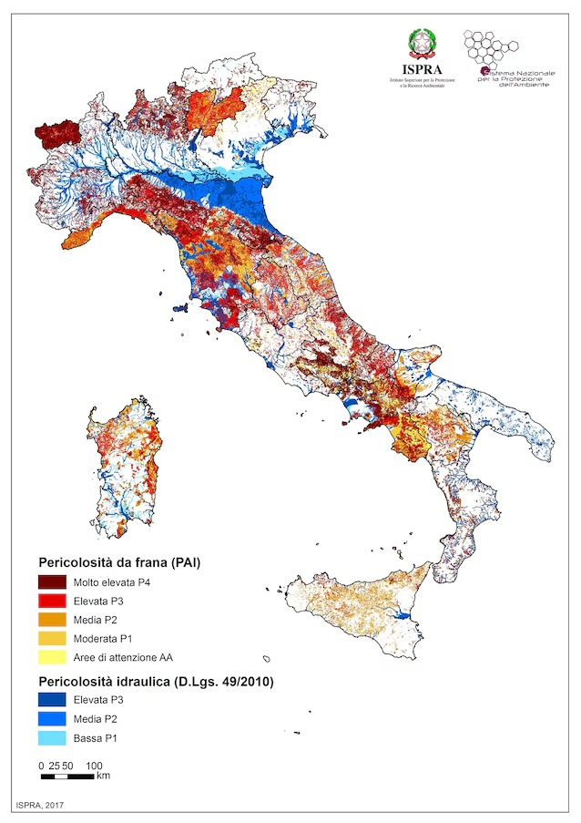 Rischio idrogeologico in Calabria, cartografia ISPRA su pericolosità da frana e pericolosità idraulica.