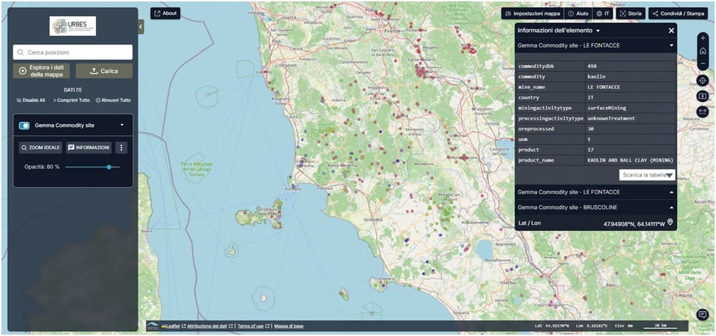 Schermata presa da URBES (URBan Mining and Extractive Waste Information System) il progetto sviluppato da ISPRA e finanziato nell'ambito della Missione 7 RePowerEU del PNRR
