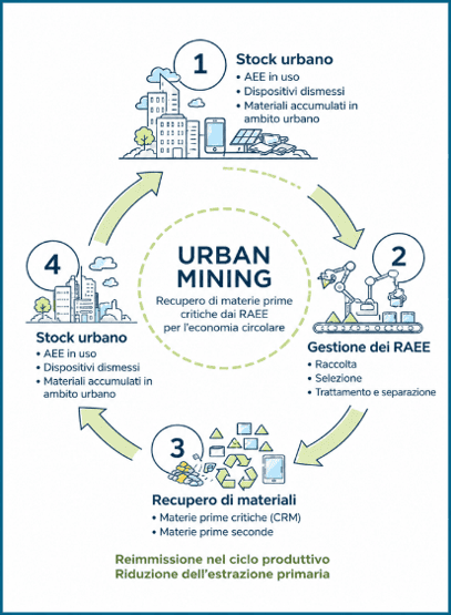 Urbes: schema concettuale dell’urban mining applicato ai RAEE da articolo ISPRA